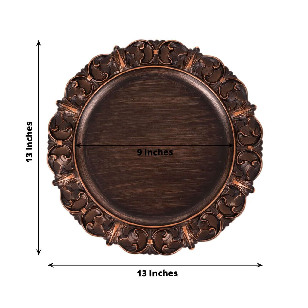 6-Pack Acrylic Charger Plates 13" Round Dark Brown with Aristocrat Retro Baroque Rim - Ornate Plastic Decorative Chargers